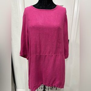 Bryn Walker Linen Hot Pink Linen Scoop Neck 3/4 Sleeve High-Low Side Sli…